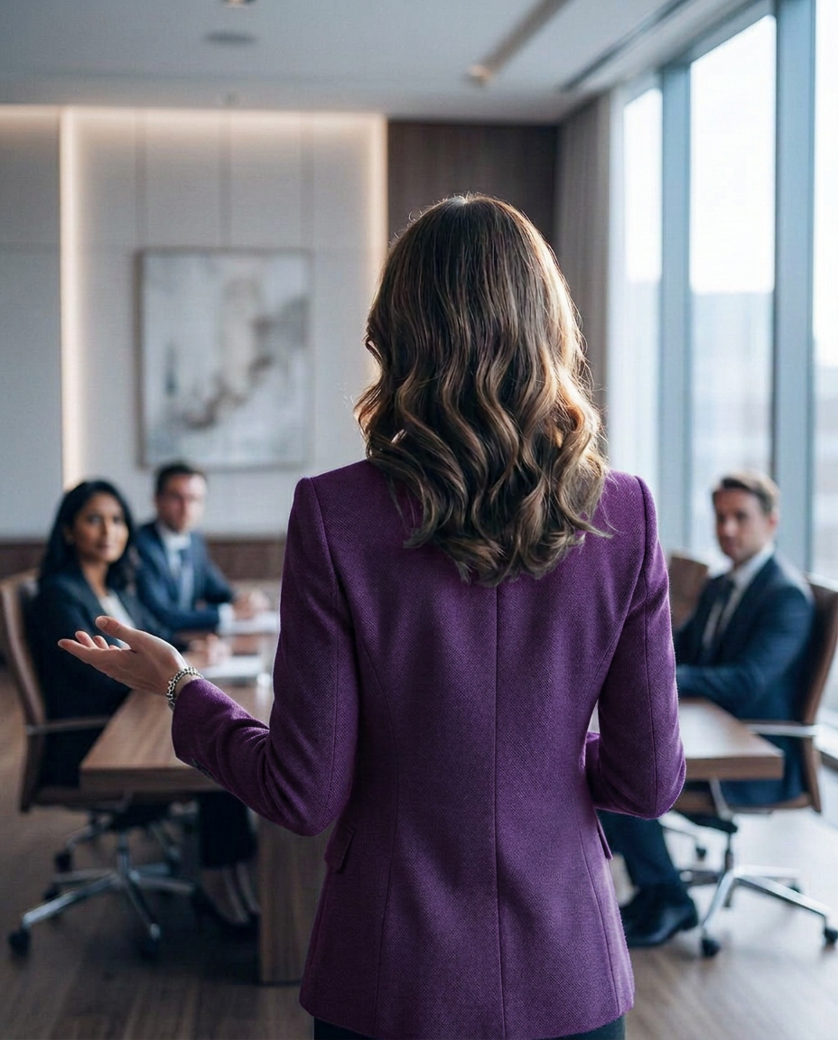 A senior communicator addressing a softly blurred audience, seen from behind.